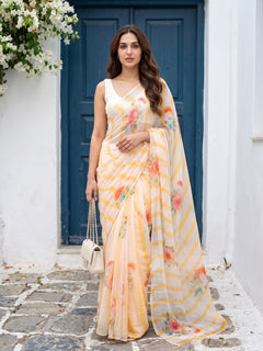 Eden - Yellow Printed Pure Chiffon Partywear Saree