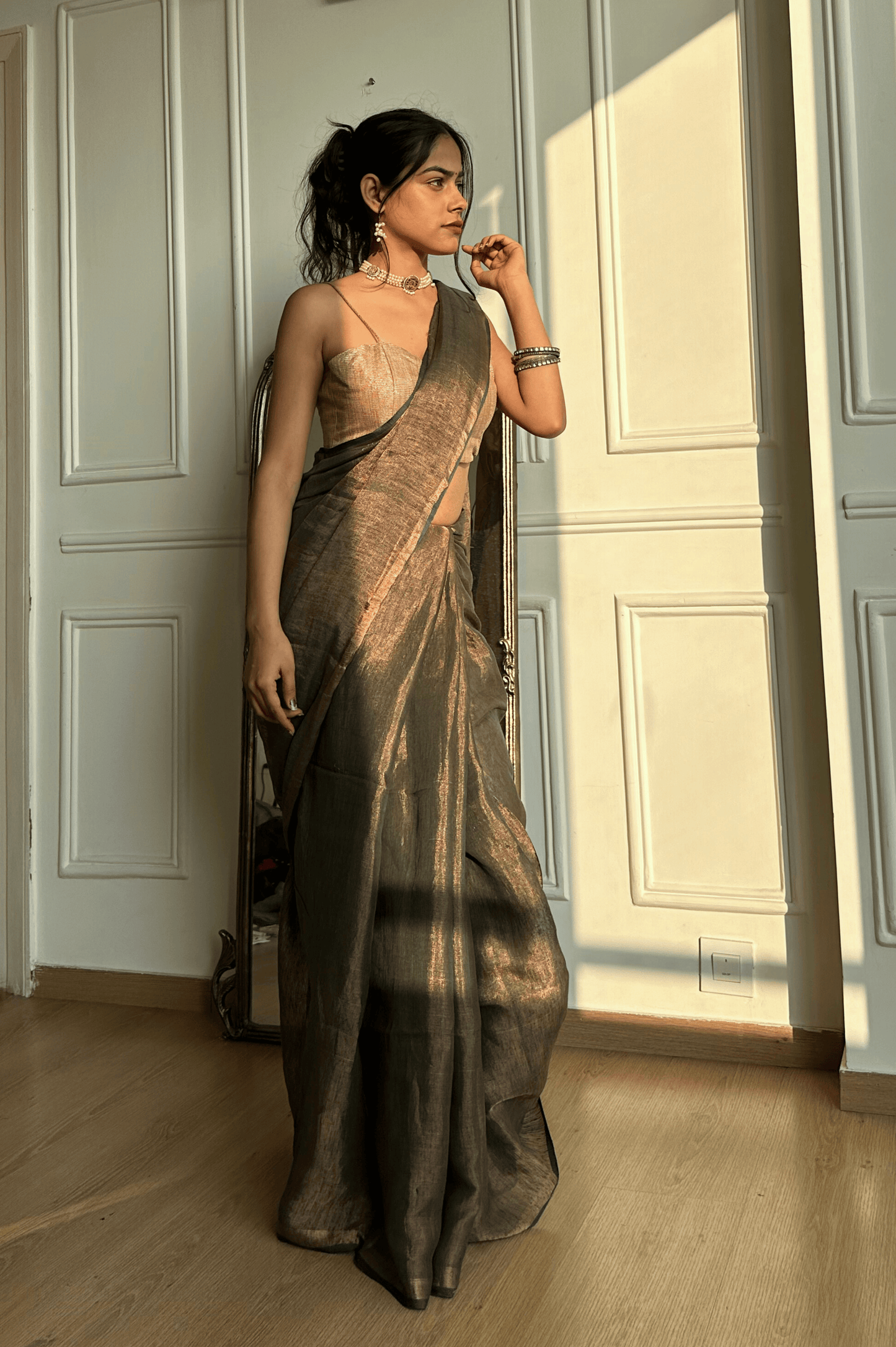 Champagne Gold Linen Tissue Saree
