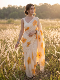 Apricot Bloom - Beige Handpainted Mul Cotton Saree