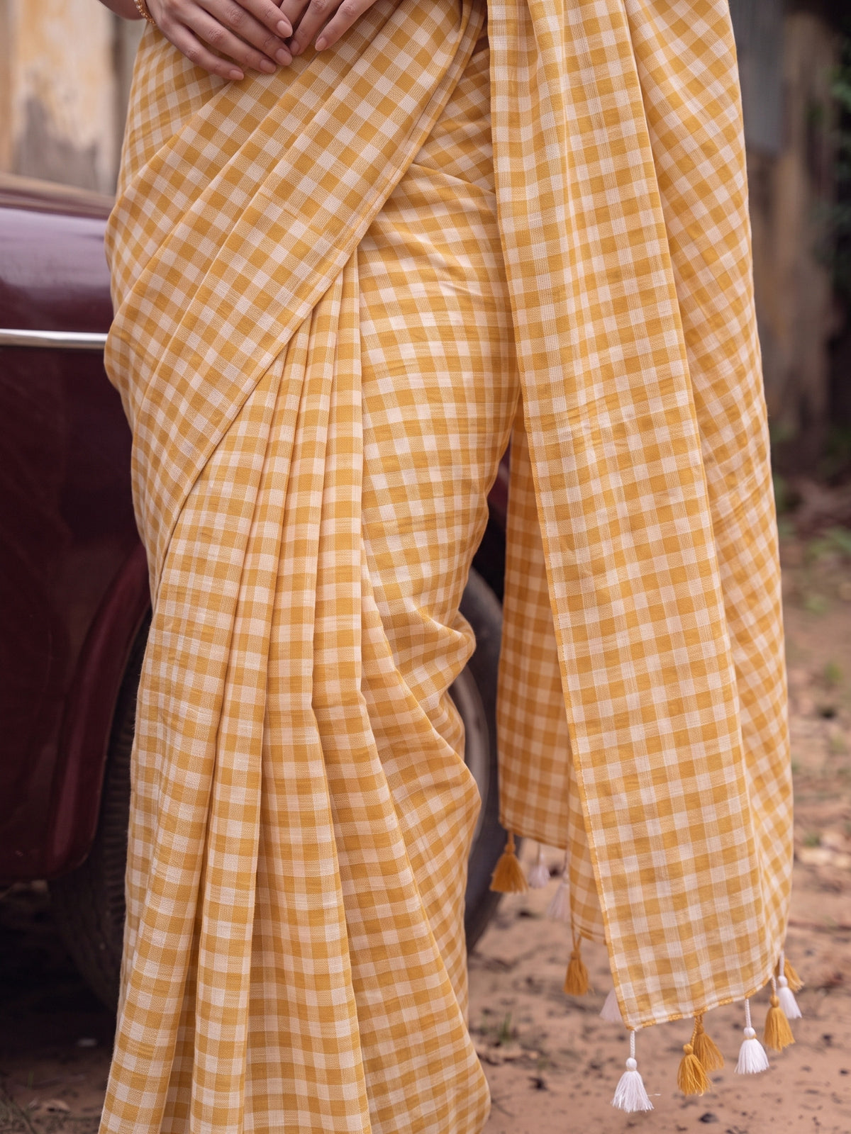 Harvest Sun - Mustard Yellow Gingham Mulmul Cotton Saree