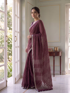 After Hours - Wine Red Pure Handloom Linen Saree with Zari border
