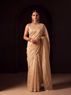 Meira - Plain Ivory and Gold Handloom Tissue Saree
