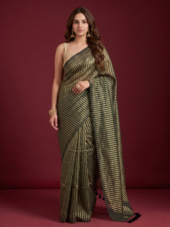 Saaz - Green Striped Mul Cotton Zari Saree
