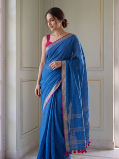 Power Play - Blue Pure Handloom Linen Saree with Zari Border