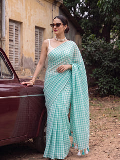Cloudless Sky - Aqua Blue Gingham Mulmul Cotton Saree