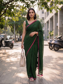 Pink Guava - Green Mulmul Cotton Saree with Pink Border