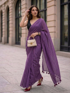 Twilight Bloom - Plain Deep Violet Mul Cotton Saree