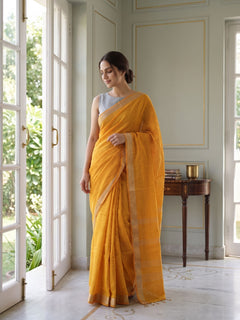Golden Hour - Mustard Yellow Pure Handloom Linen Saree with Zari Border
