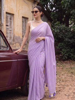 Wisteria Lane - Purple Gingham Mulmul Cotton Saree