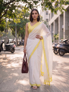 Bright Side - White Mulmul Cotton Saree With Yellow Border