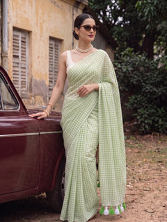 Spring Fern - Pastel Green Gingham Mulmul Cotton Saree