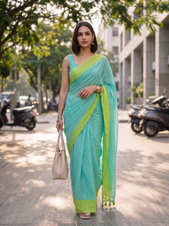 Citrus Shift - Turquoise Blue Pure Mulmul Cotton Saree