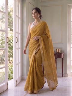 On Repeat - Yellow Handloom Linen Saree with Zari Border
