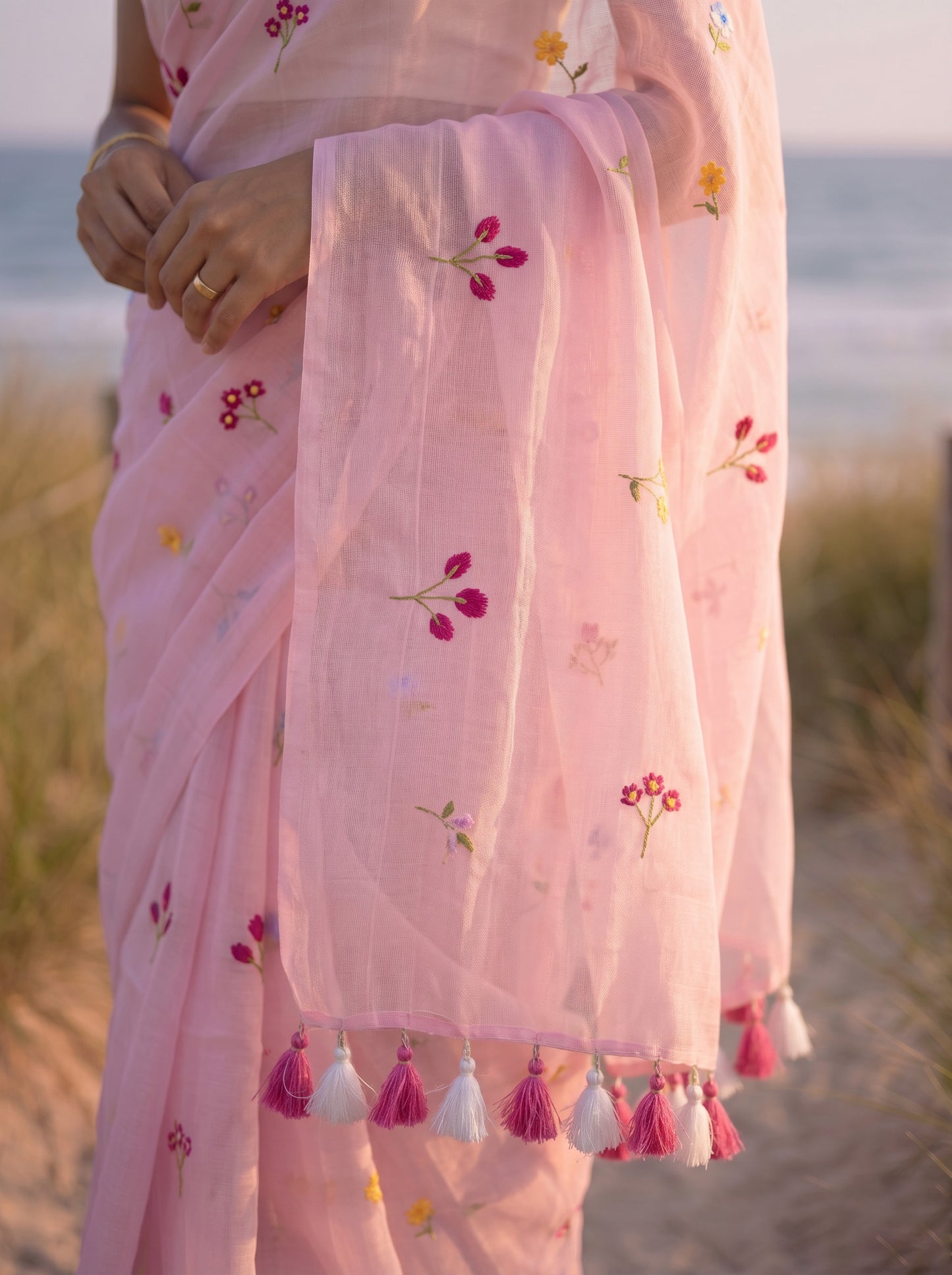 Gardenalia Pink - Embroidered Pure Mulmul Cotton Saree