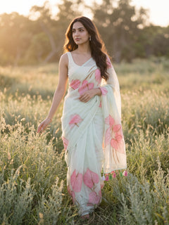 Anthuria - Mint Green Handpainted Mulmul Cotton Saree