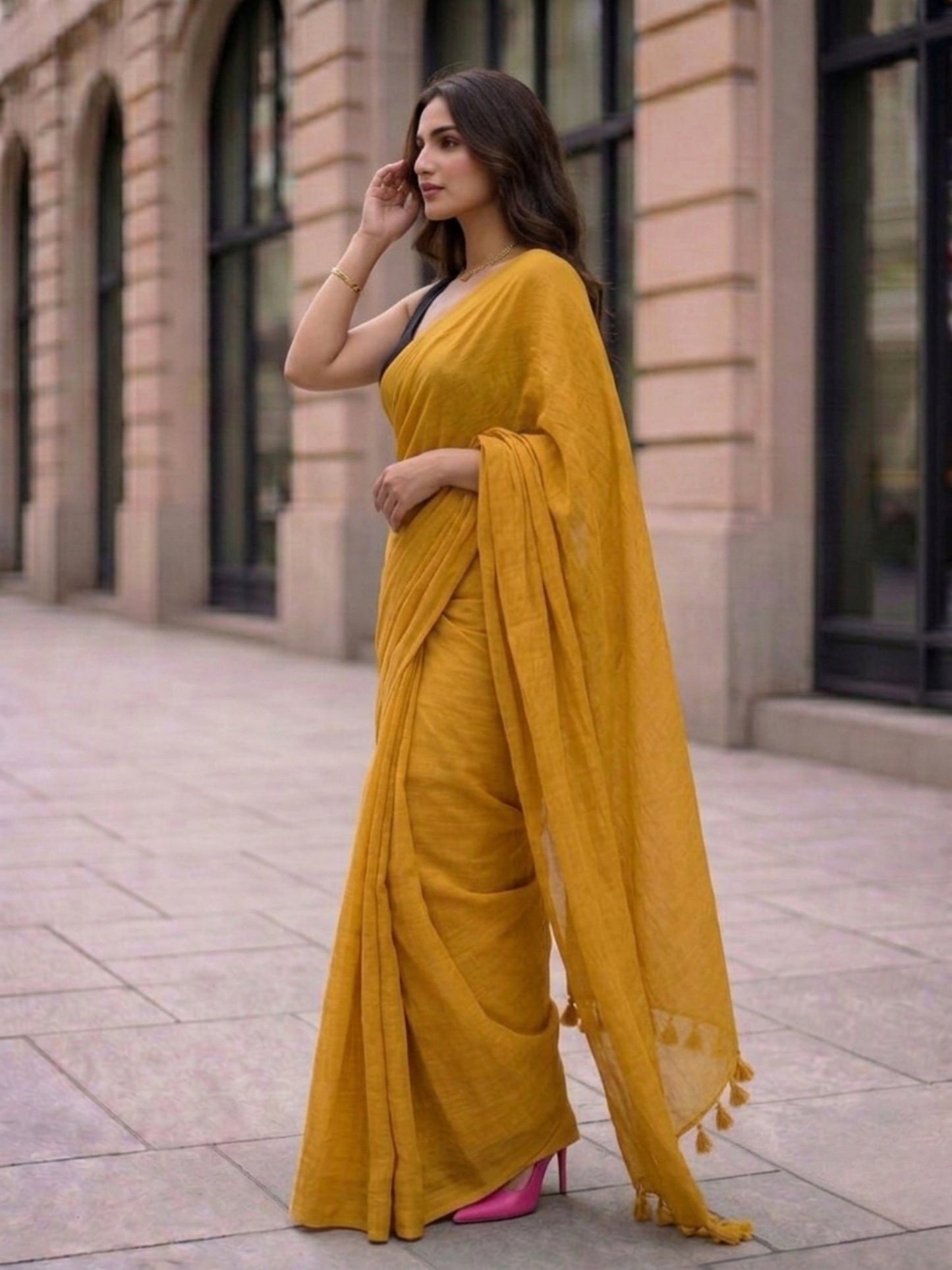 Amber - Plain Yellow Mul Modal Saree