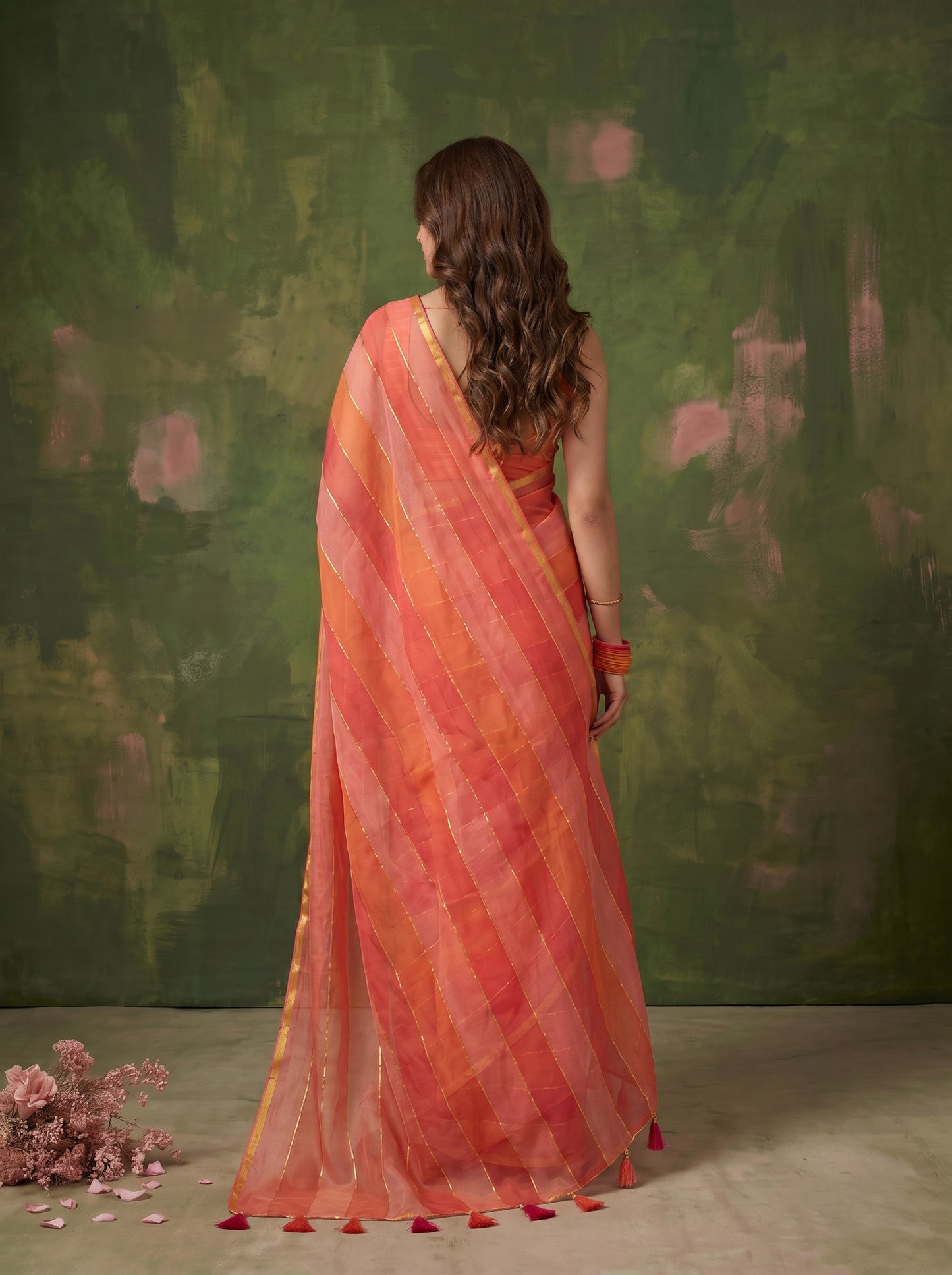 Rangrez - Red & Orange Striped Mul Cotton Zari Saree