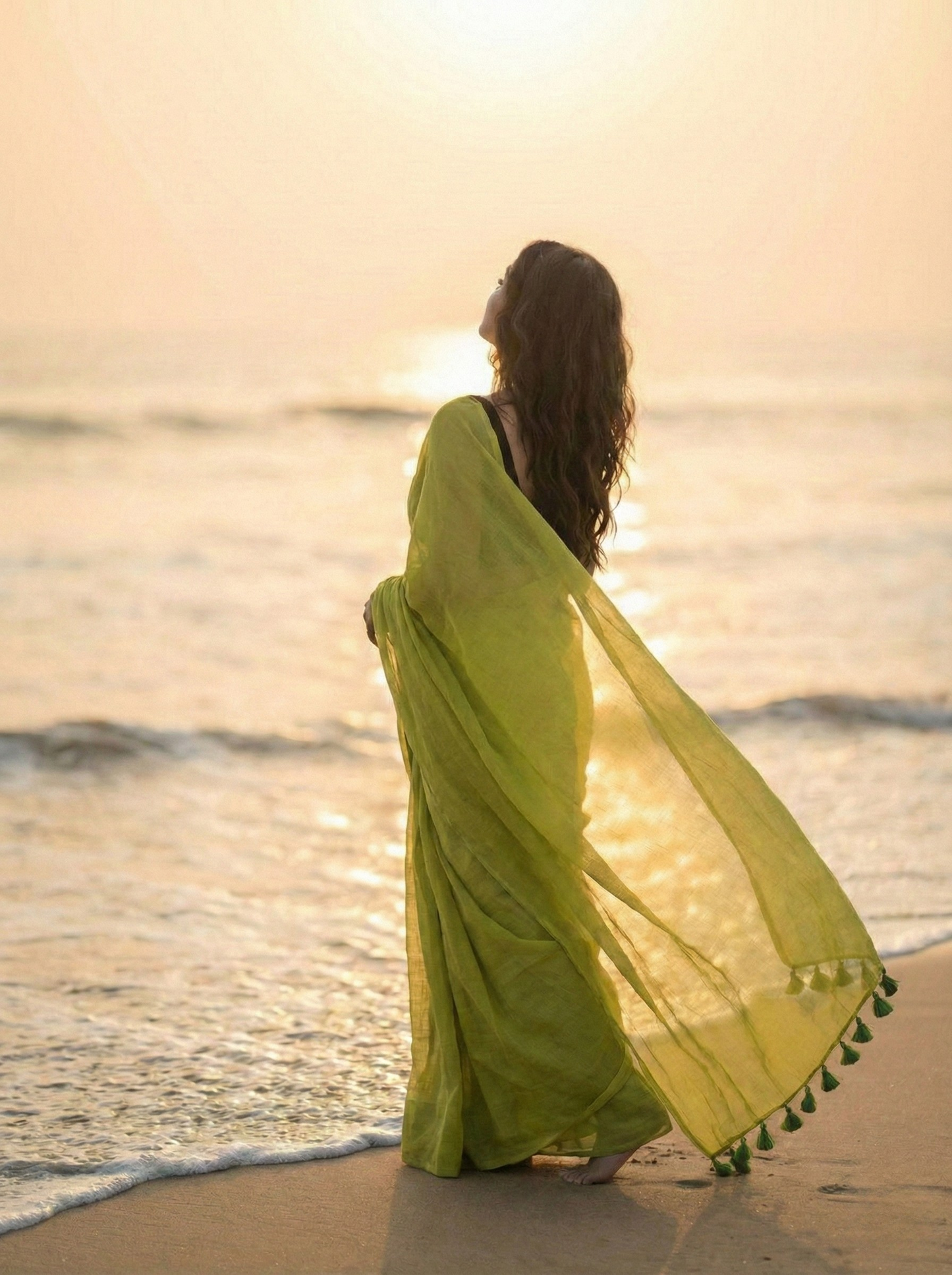 Olive Oasis - Plain Green Mul Cotton Saree