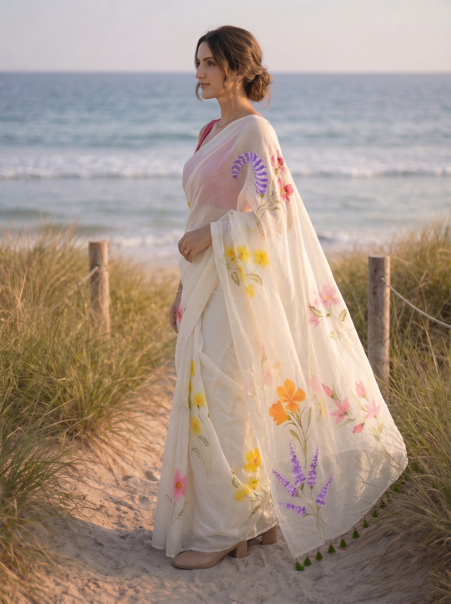 Cream Canvas- Handpainted Mulmul Saree