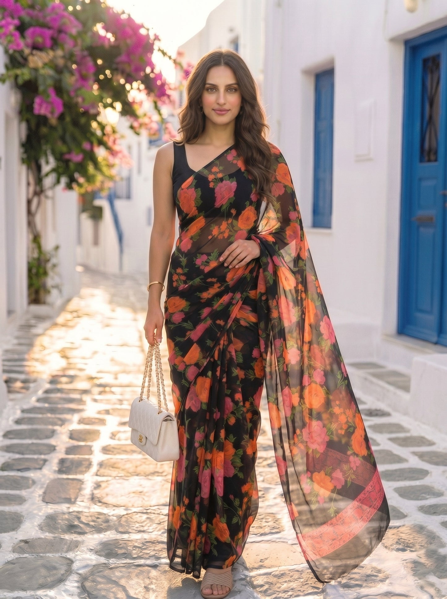 Nyra - Black Floral Print Pure Chiffon Saree