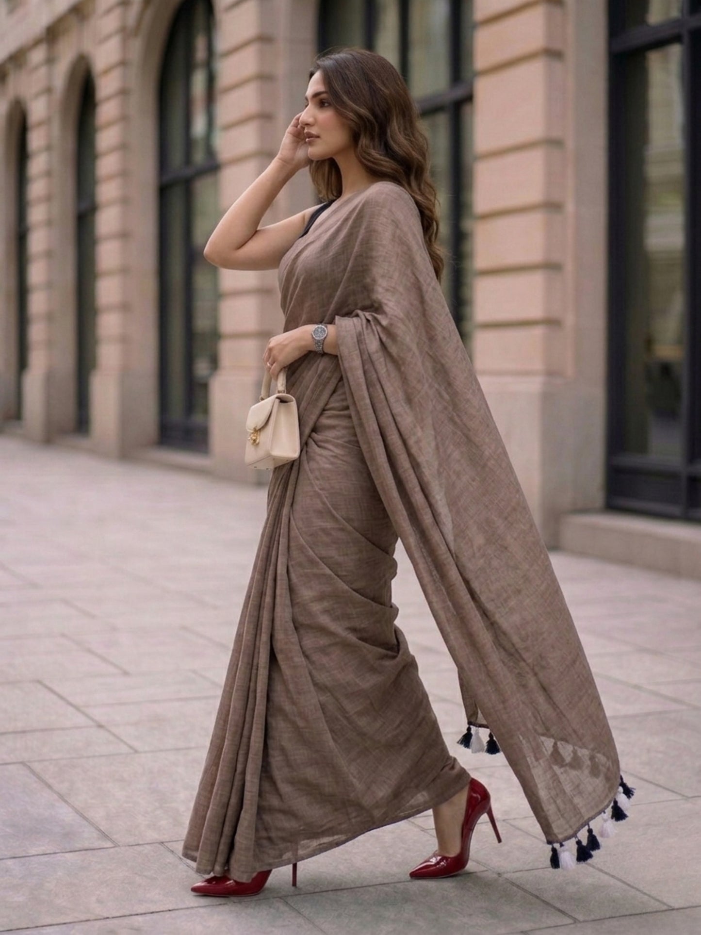 Toasted Almond - Plain Taupe Brown Mul Cotton Saree