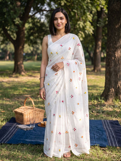 Gardenalia White - Floral Embroidered Mulmul Cotton Saree
