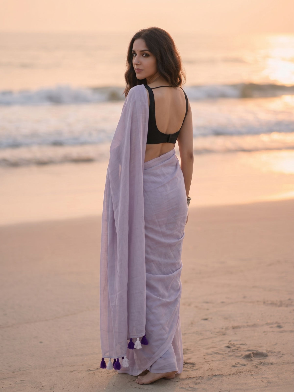 Lilac Blush - Plain Purple Mul Saree