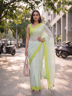 Salt Air - Seafoam White Mulmul Cotton Saree with Lime Border