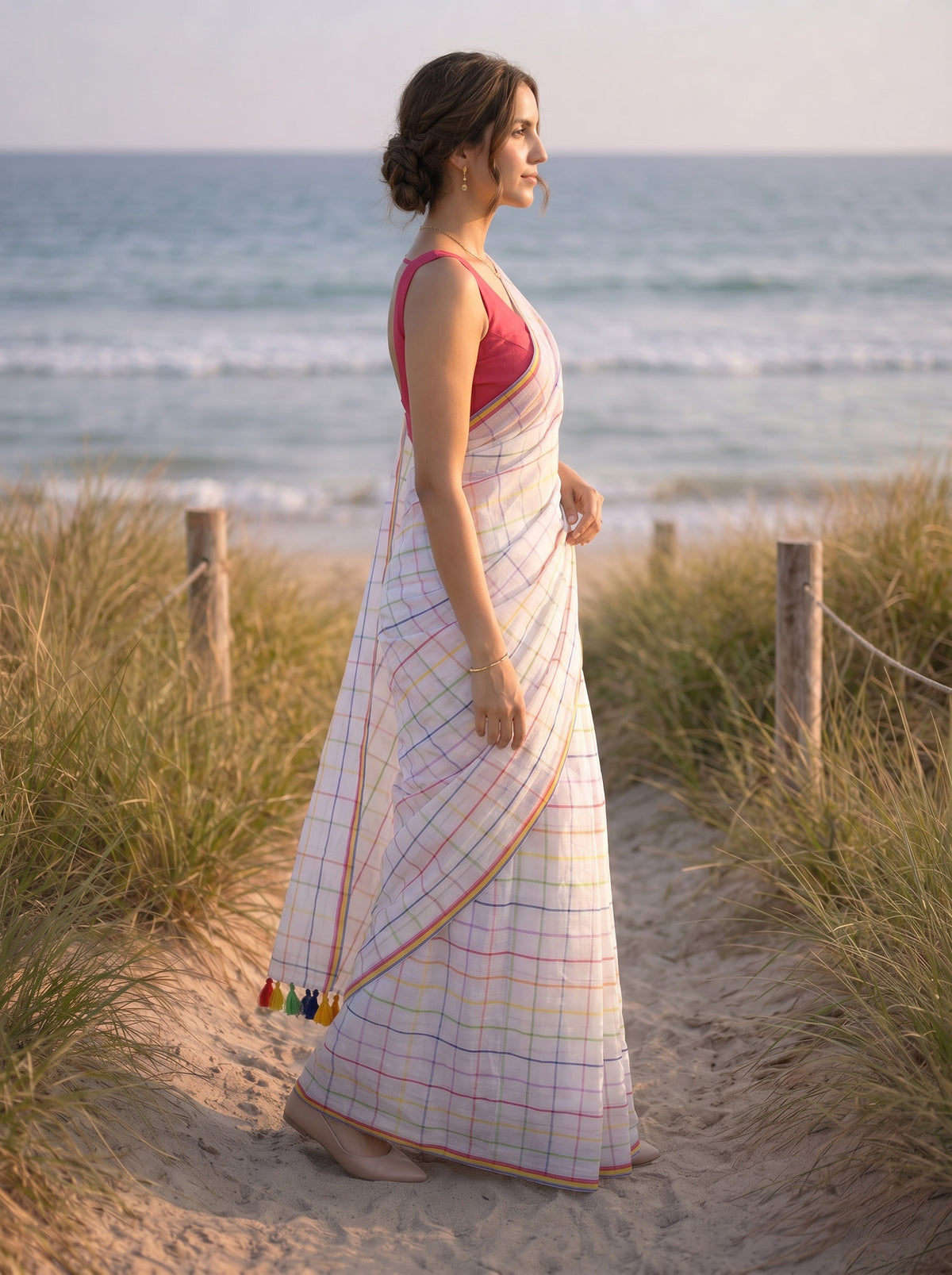 MAYIN India Rangam white handwoven striped mul cotton saree