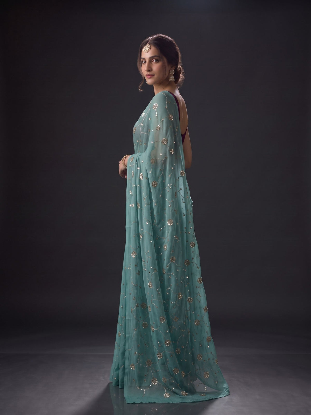 Muse - Blue Sequin Chiffon Partywear Saree