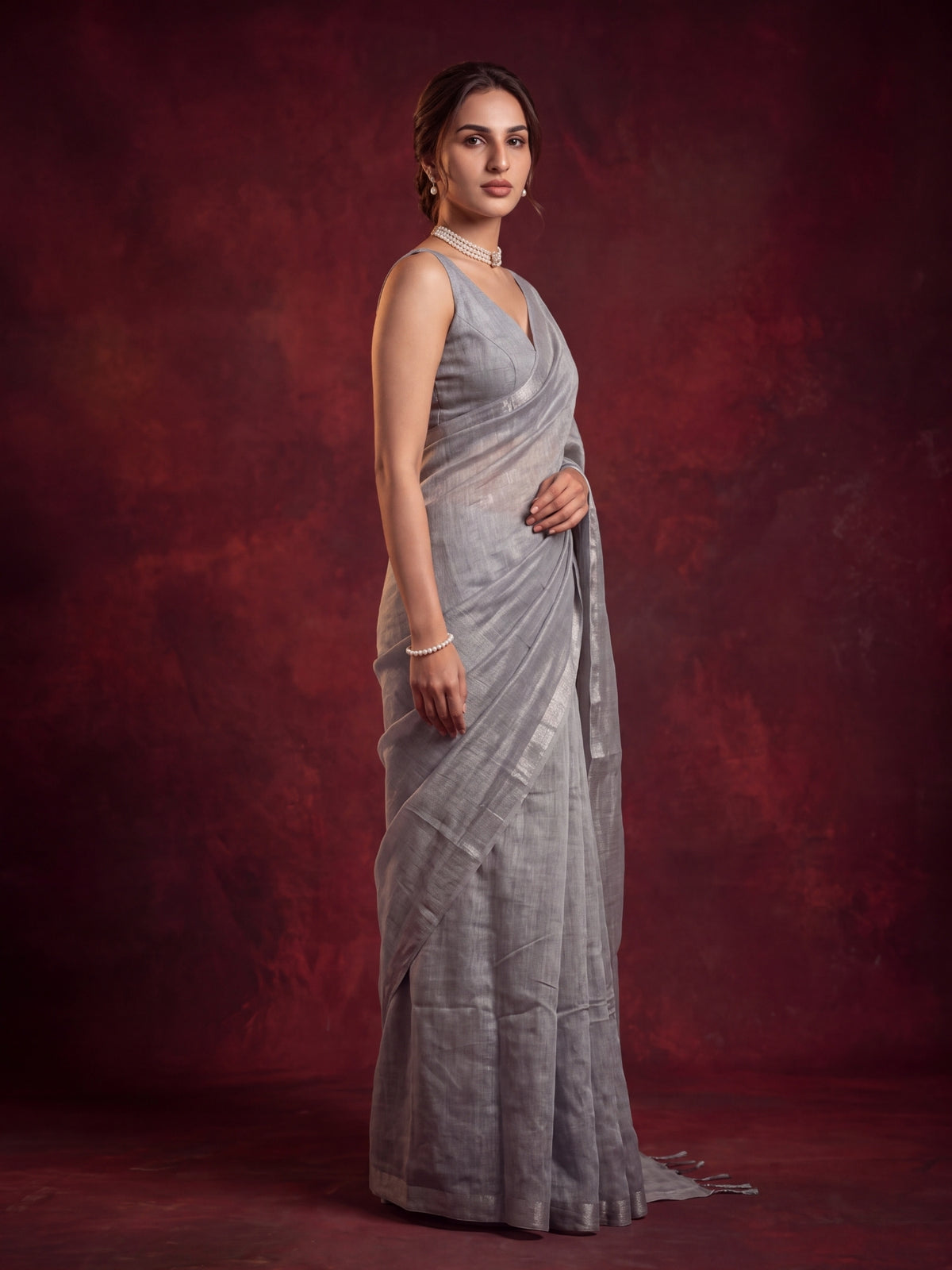 Silver - Plain Handloom Linen Tissue Saree