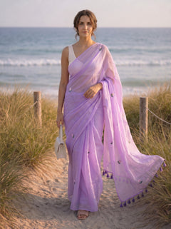 Periwinkle - Lilac Floral Handembroidered Mulmul Cotton Saree