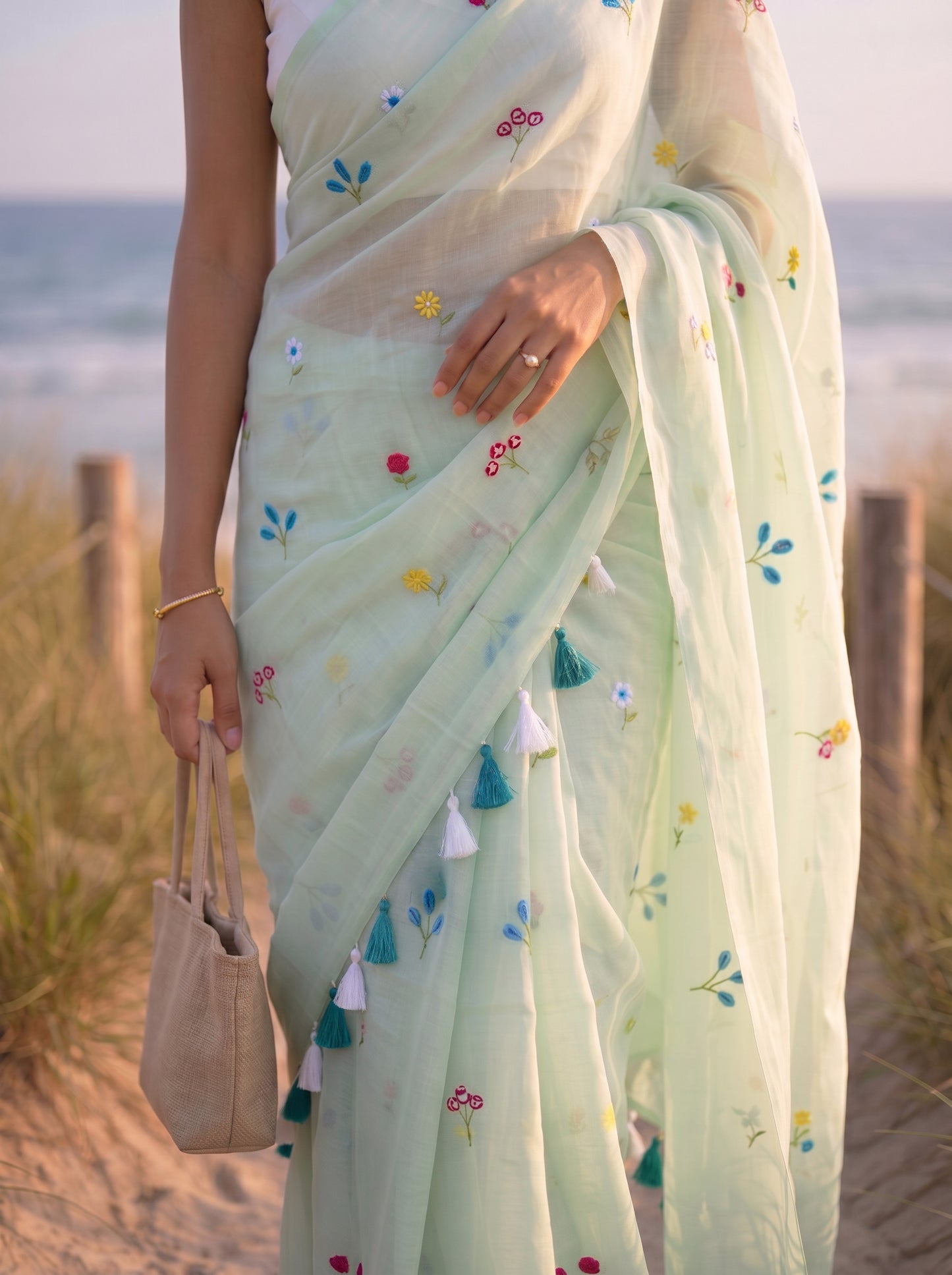 Gardenalia Mint - Embroidered Mulmul Cotton Saree