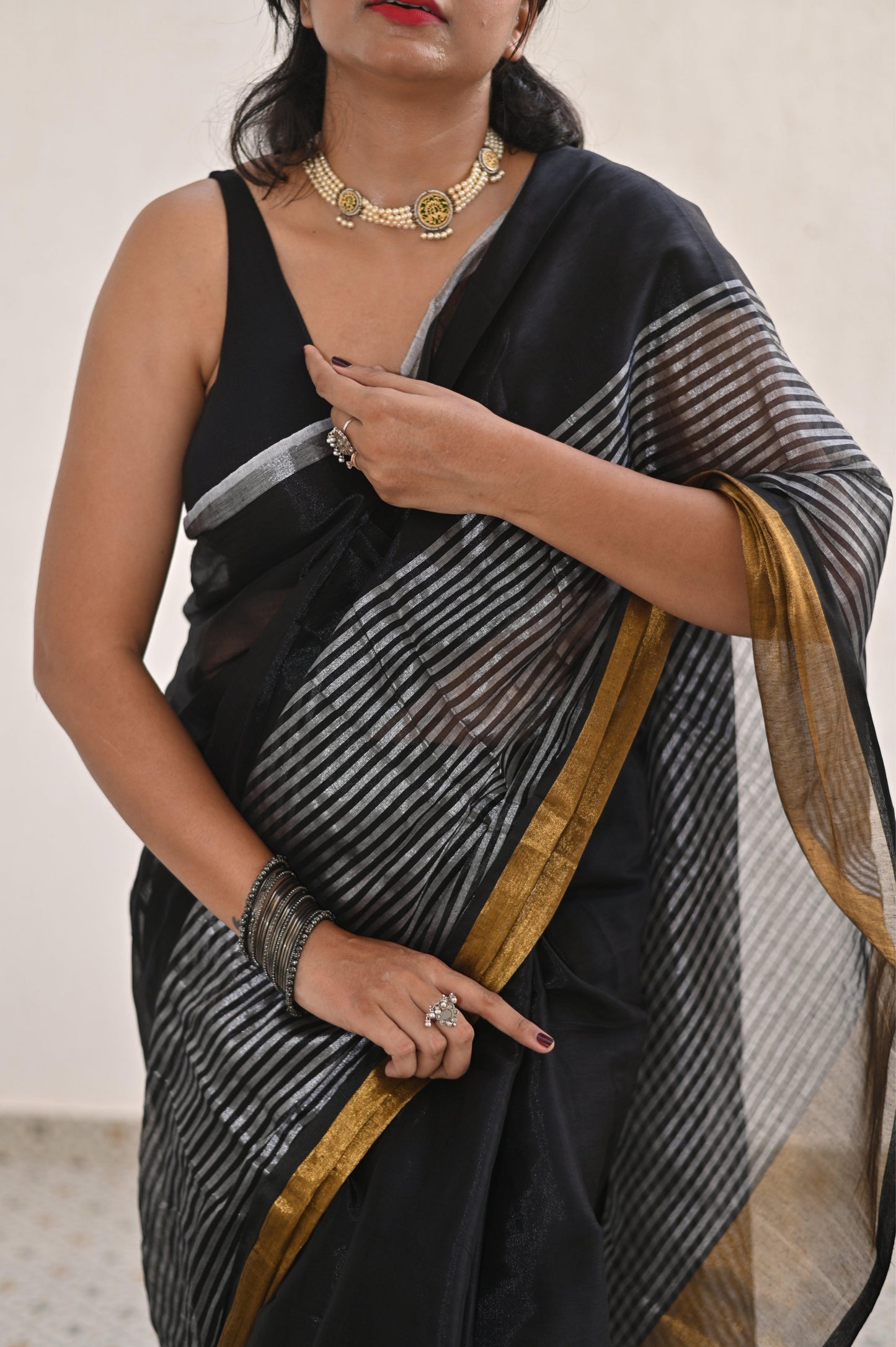 Gilded Black Mul Tissue Saree