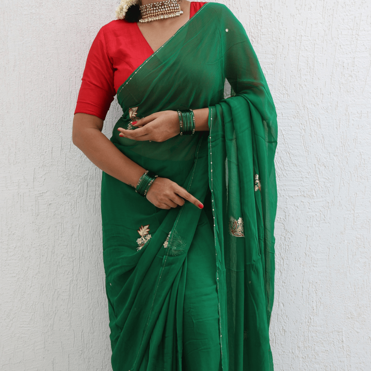 Evergreen Pure Handembroidered Chiffon Saree
