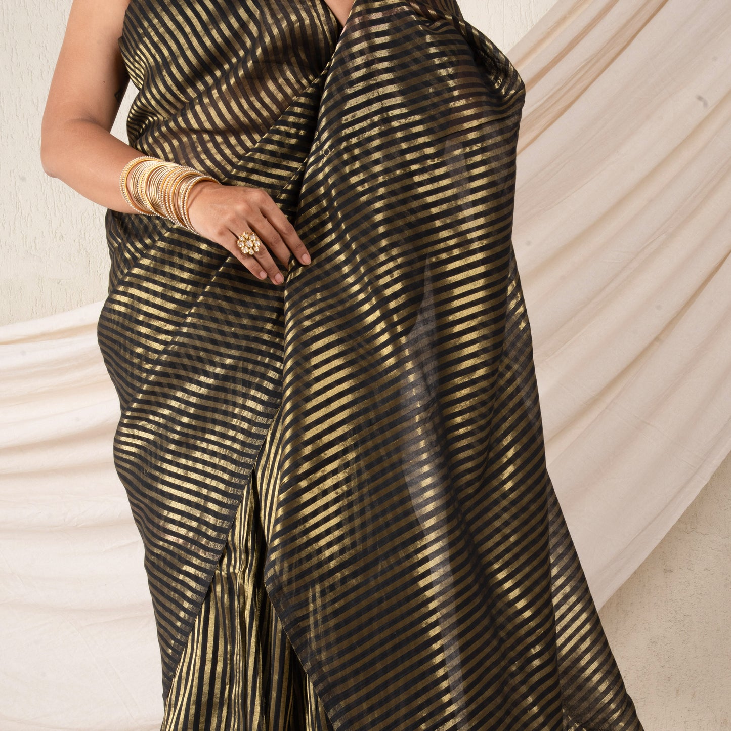 Saanjh - Black Striped Mul Cotton Zari Saree