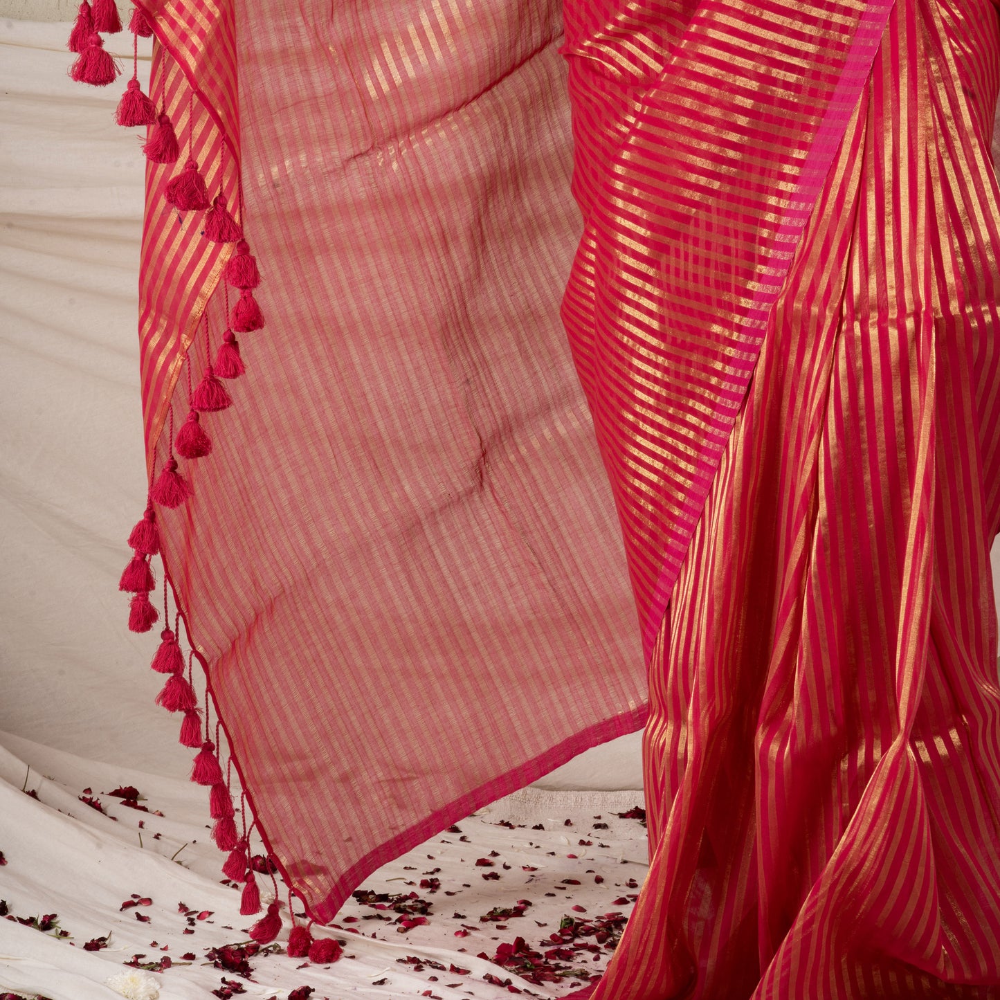 Arohi - Pink Striped Mul Cotton Zari Saree