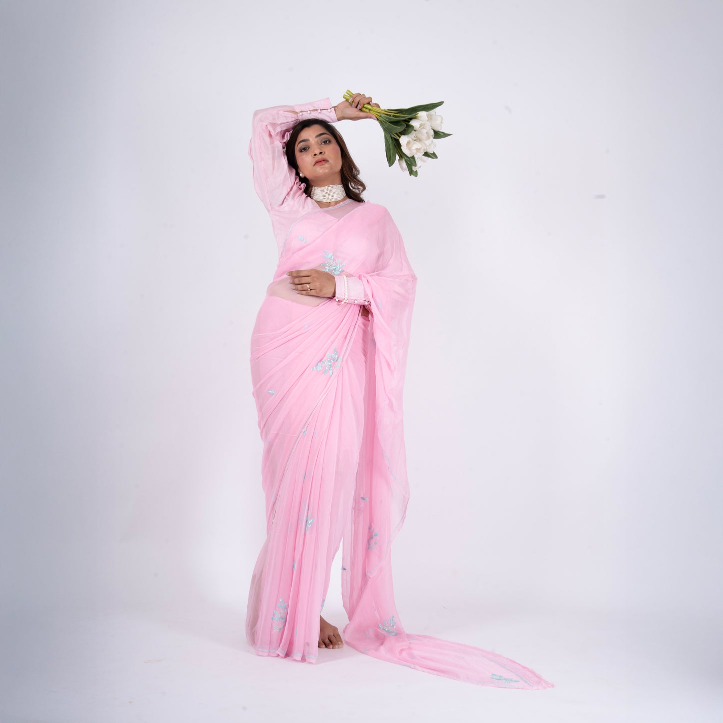 Florise - Pink Floral Printed & Embroidered Chiffon Saree