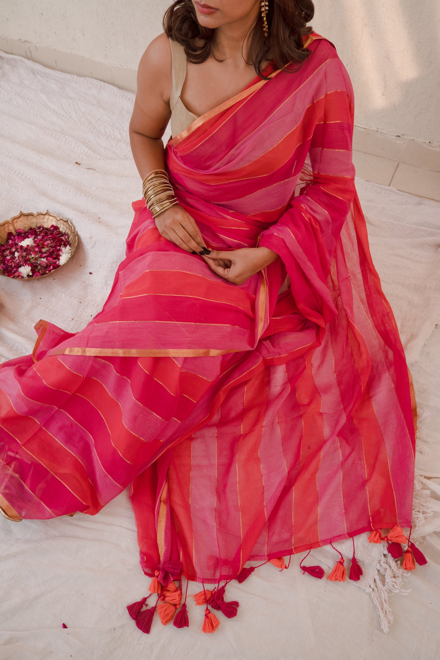 Sarini - Pink & Orange Striped Mul Cotton Zari Saree