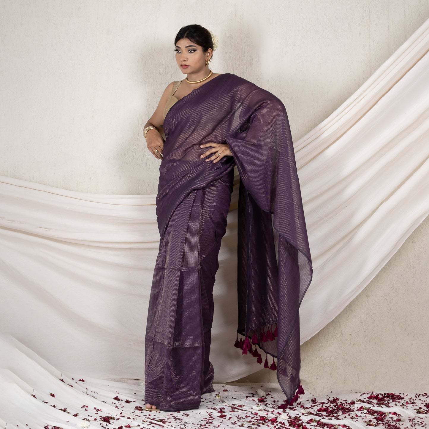 Merlot Gold Mul Saree