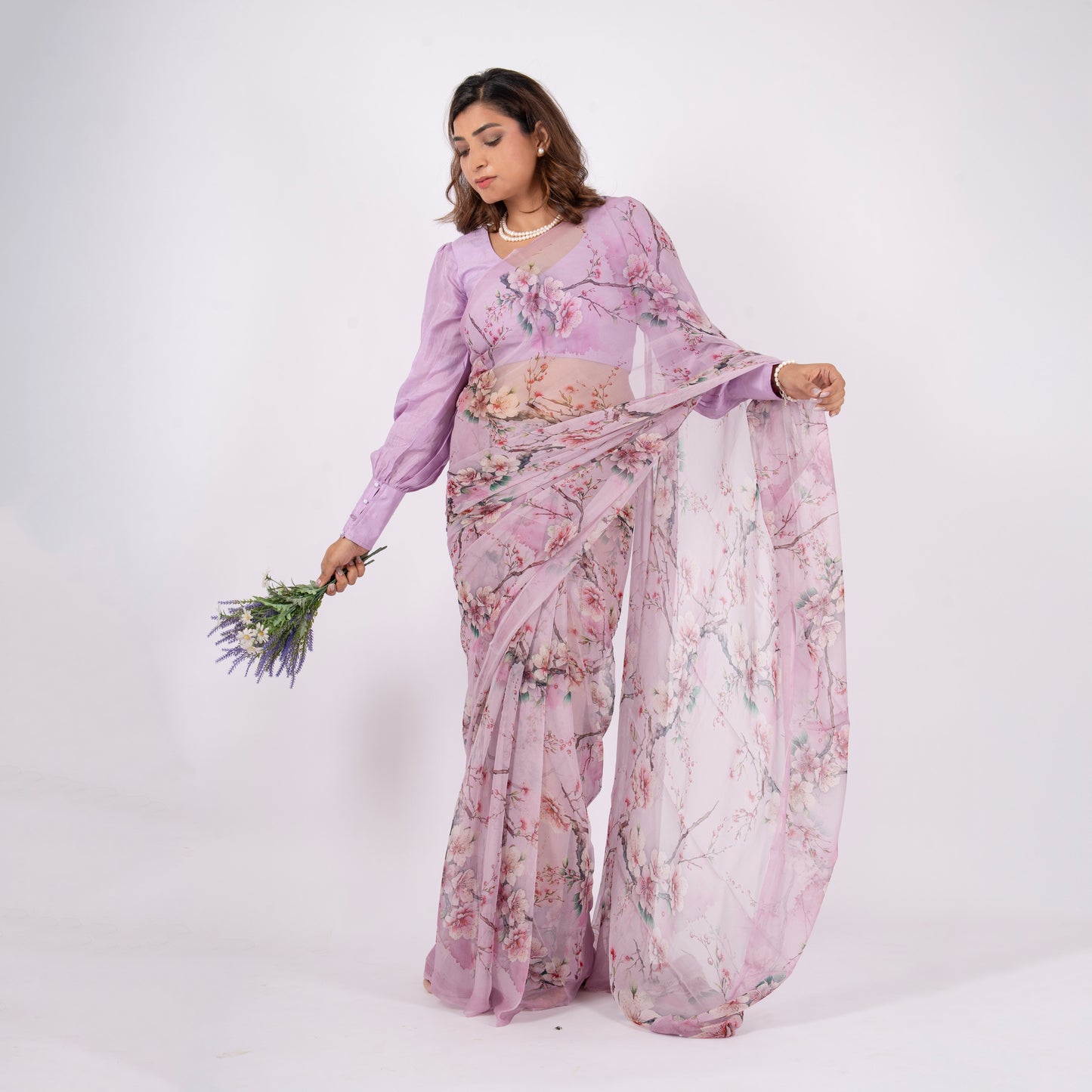 Amaris - Lavender Floral Print Pure Chiffon Saree