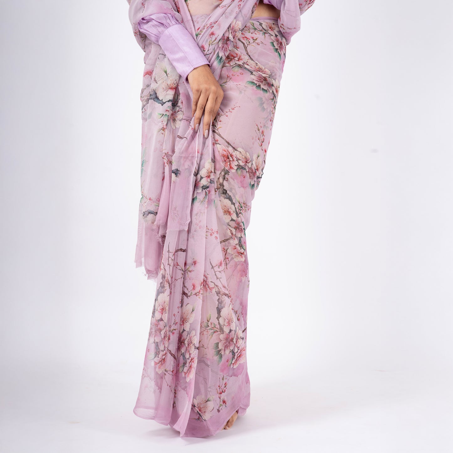 Amaris - Lavender Floral Print Pure Chiffon Saree