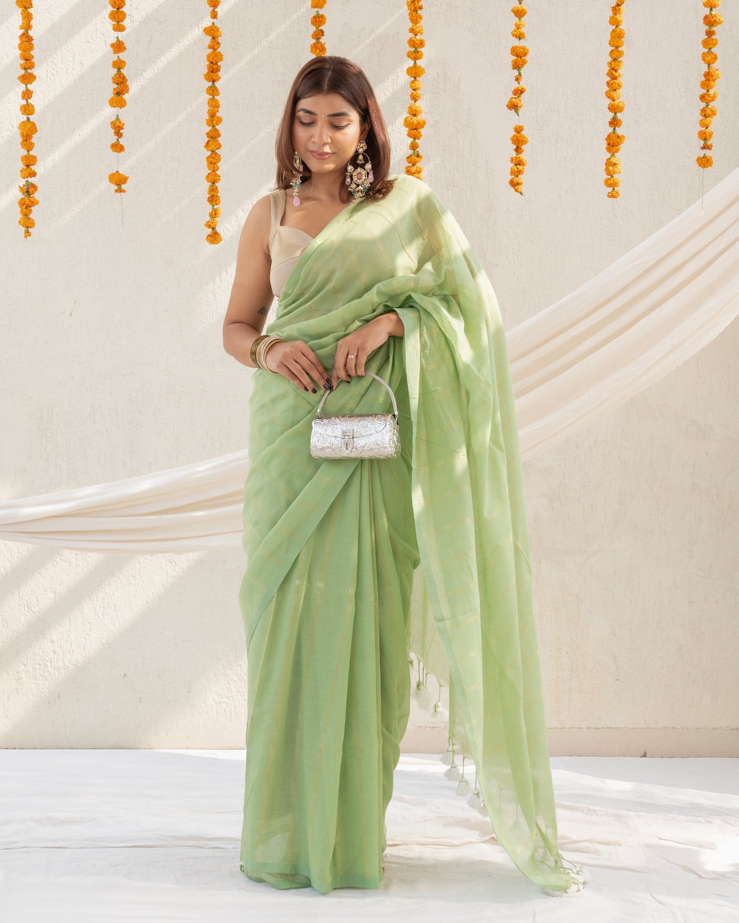 Raab - Green Striped Mul Cotton Zari Saree