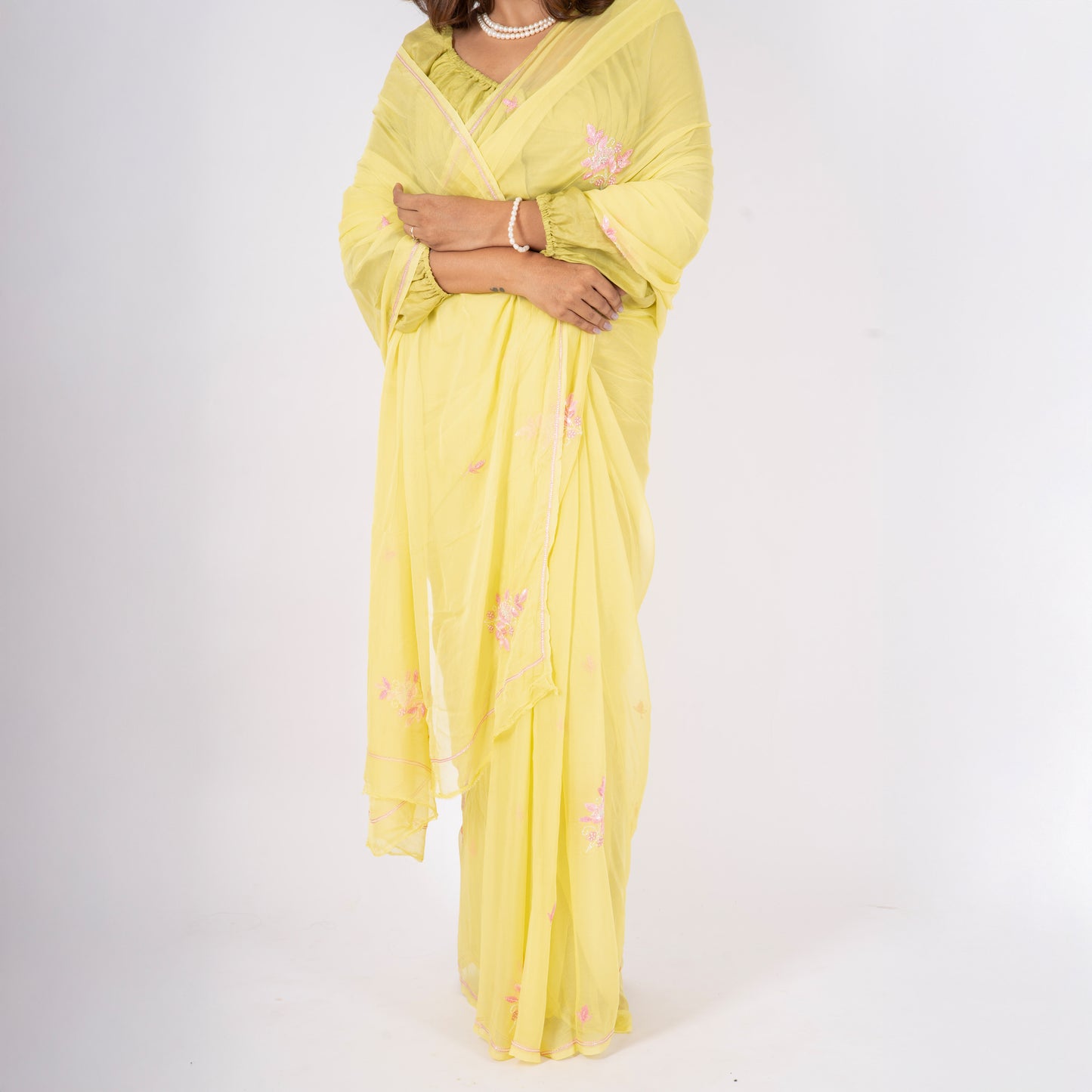 Celina - Yellow Floral Printed & Embroidered Chiffon Saree