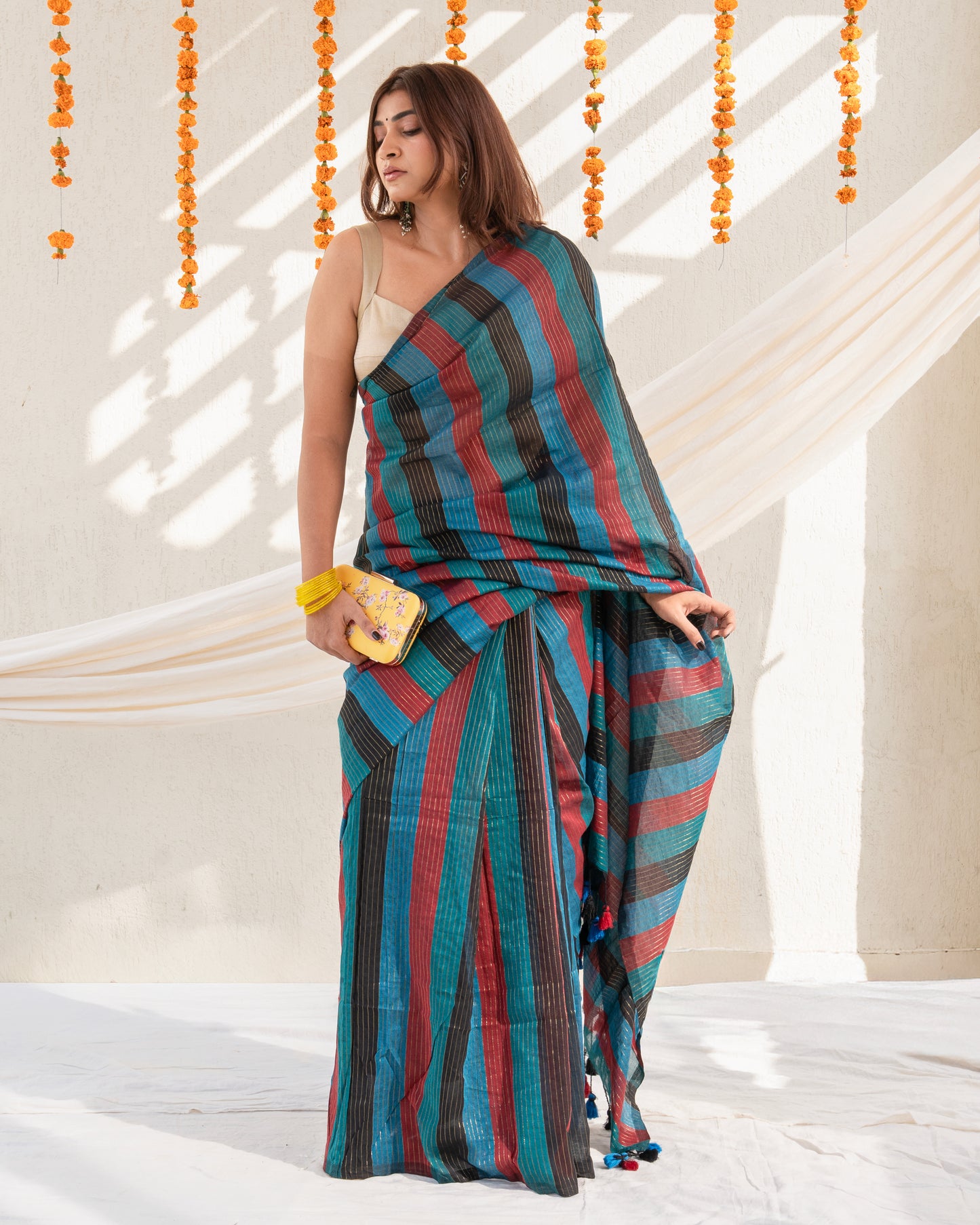 Siyaahi - Multicolour Striped Mul Cotton Zari Saree