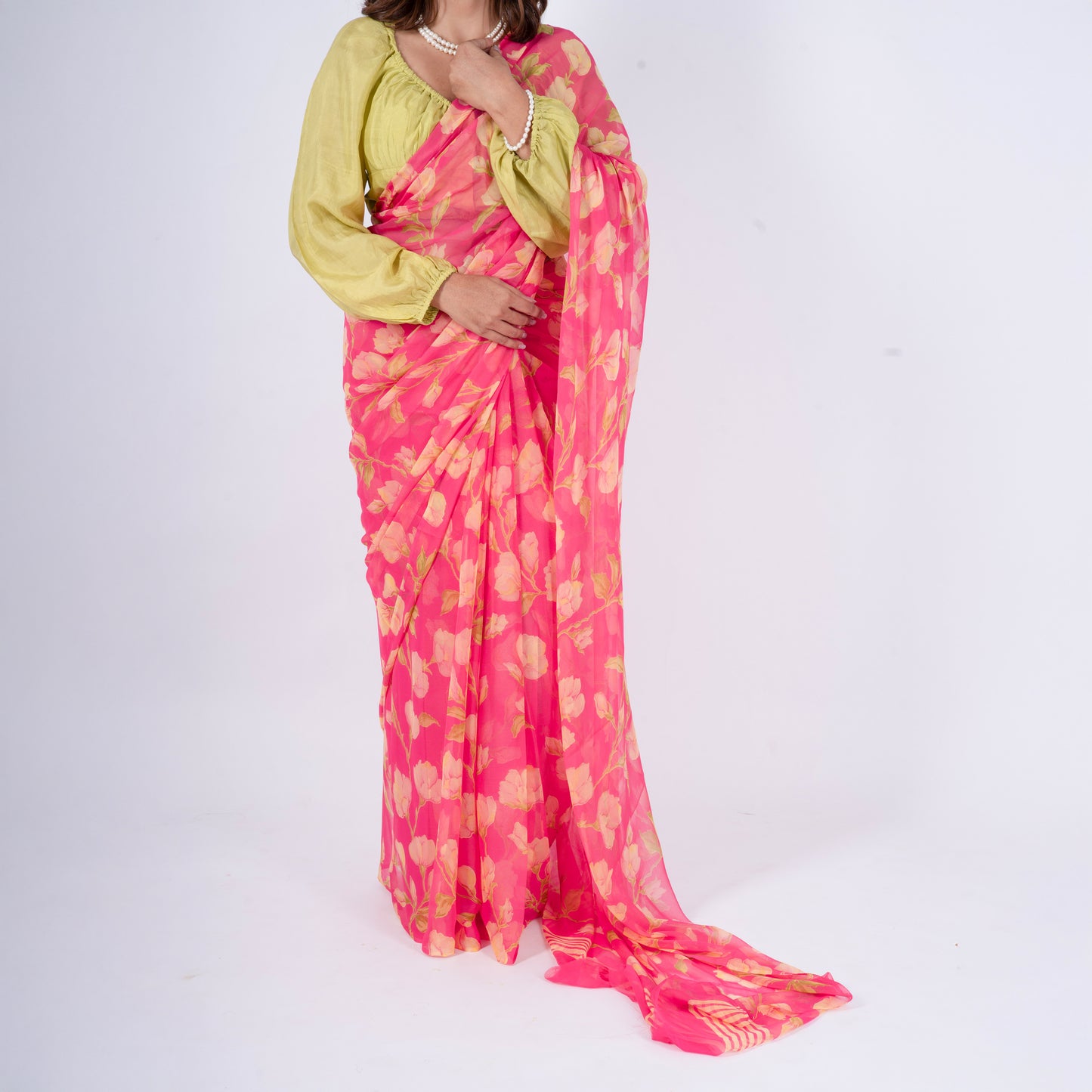 Elysia - Pink Floral Print Pure Chiffon Saree