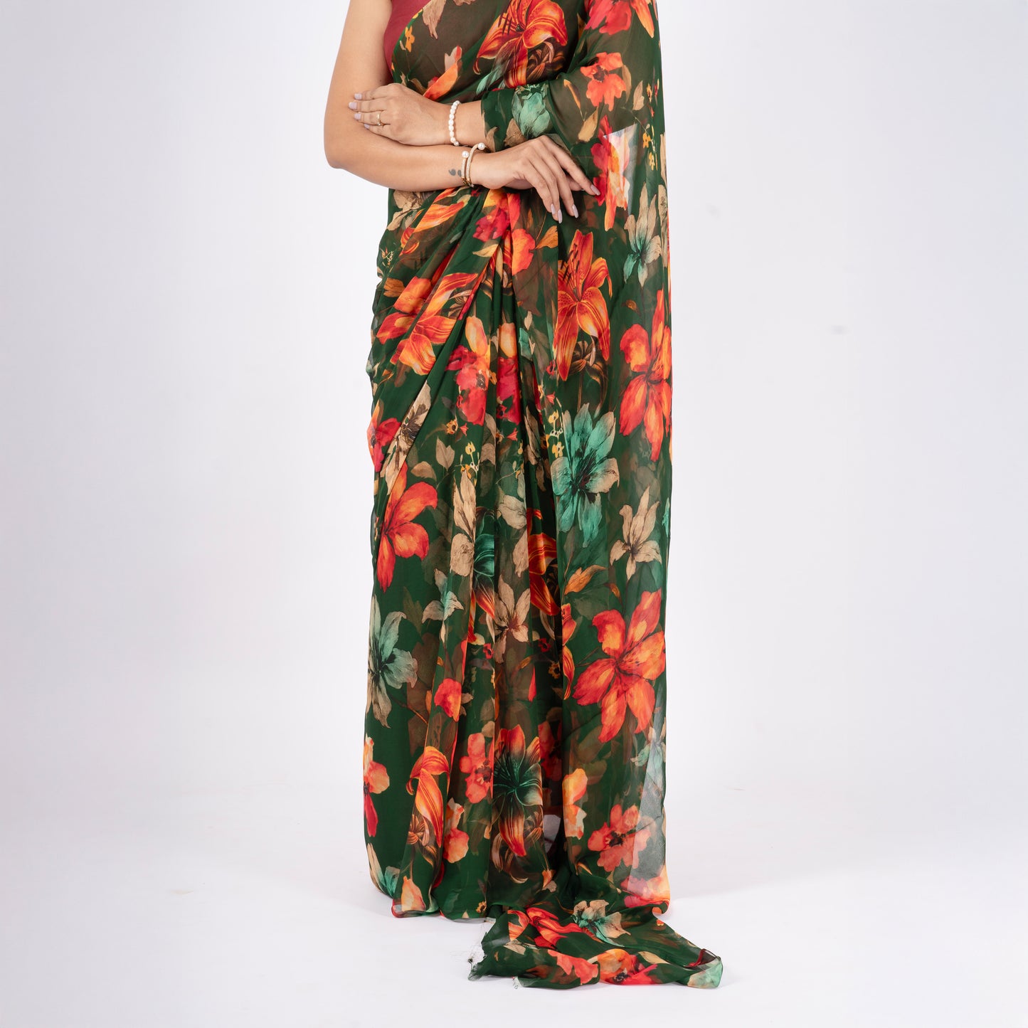Orelia - Green Floral Print Pure Chiffon Saree