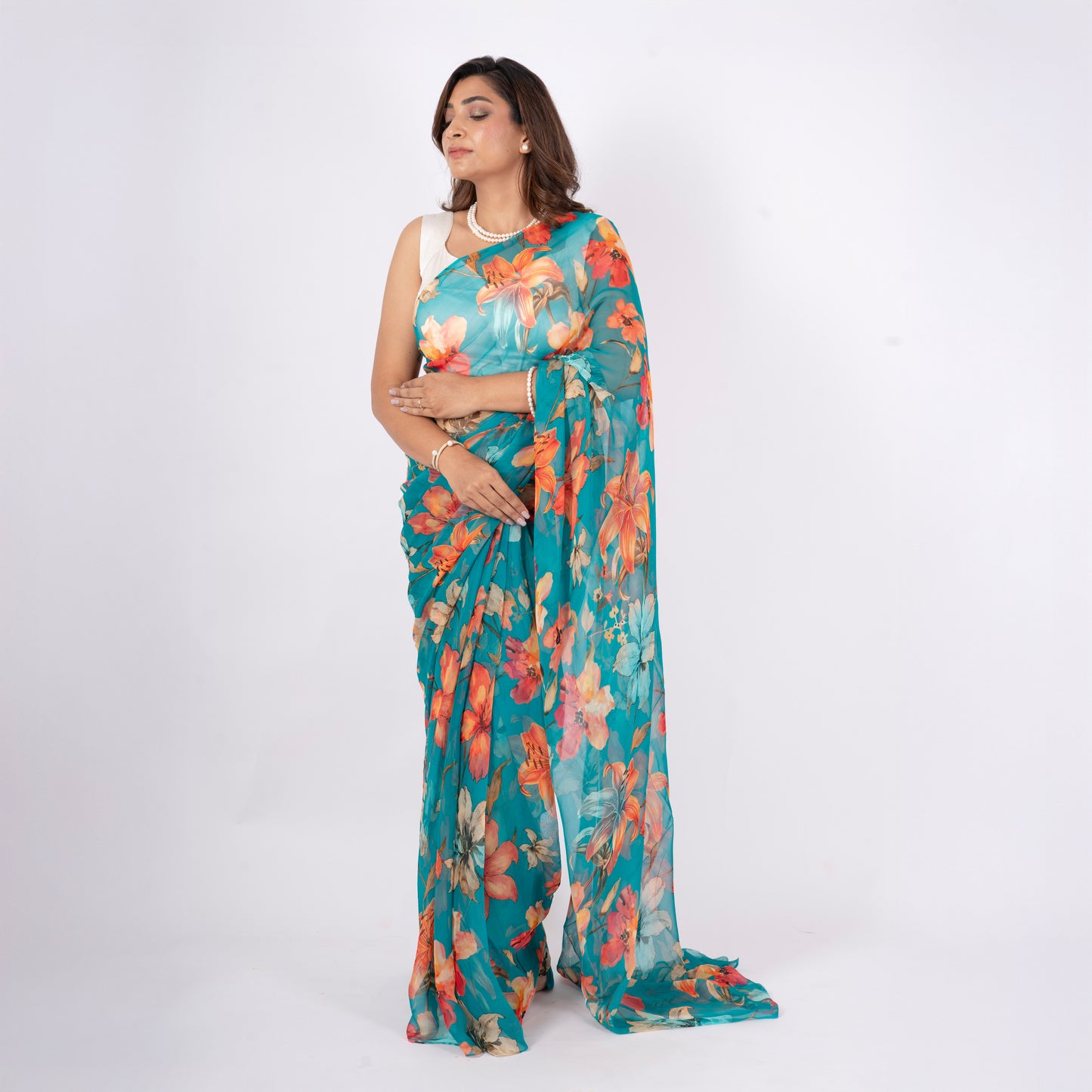 Veyona - Blue Floral Print Pure Chiffon Saree
