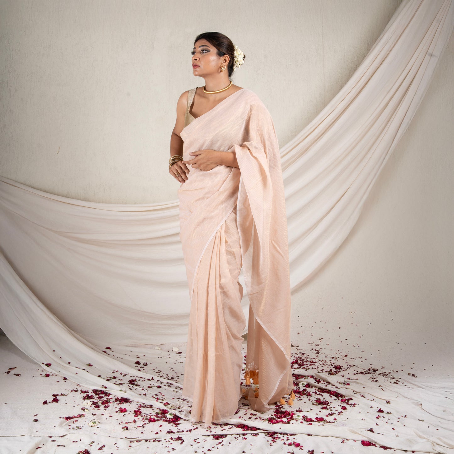 Beige Mulmul Zari Saree