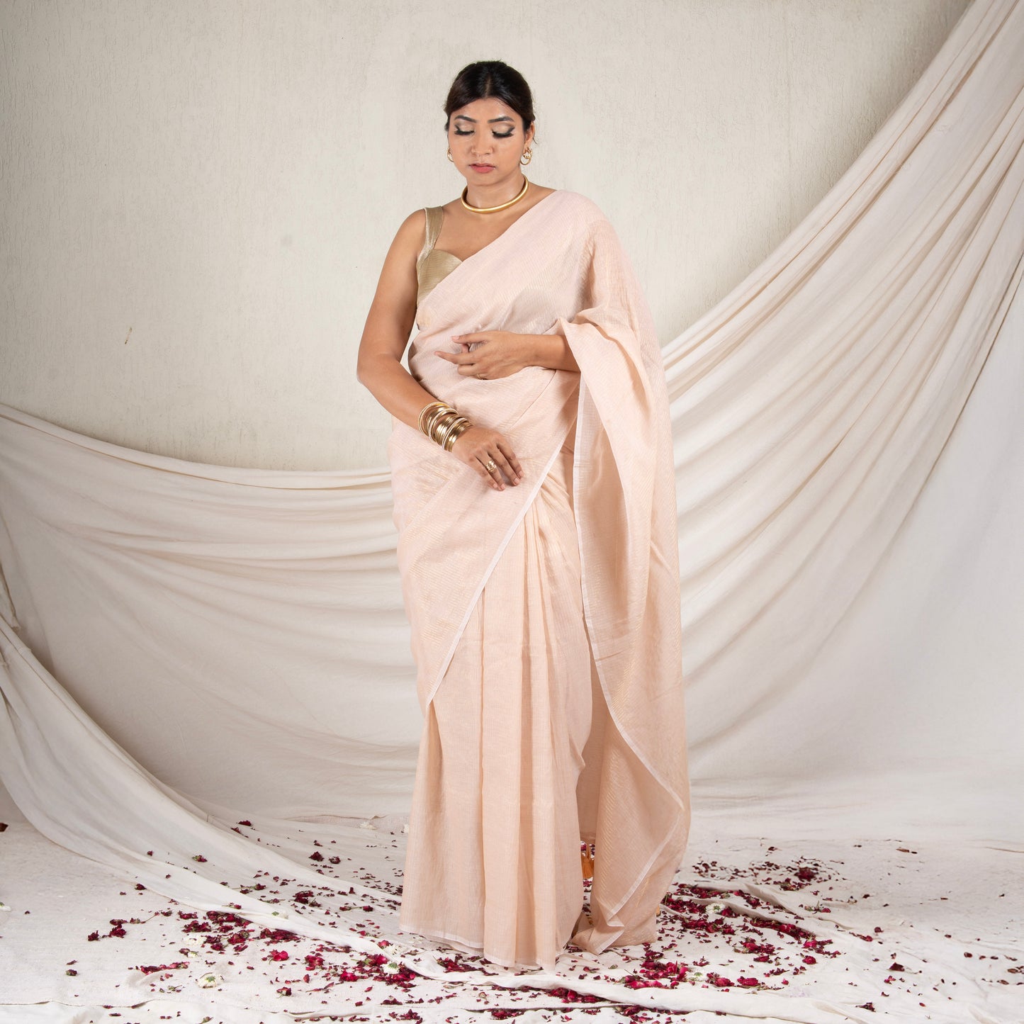 Beige Mulmul Zari Saree